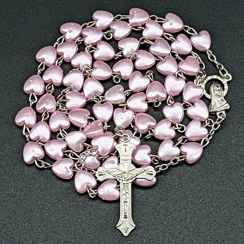 White Heart Rosary Necklace For Women Virgin Mary Cross INRI Pendant Long Chain Men Religion Prayer Party Jewelry Accessories