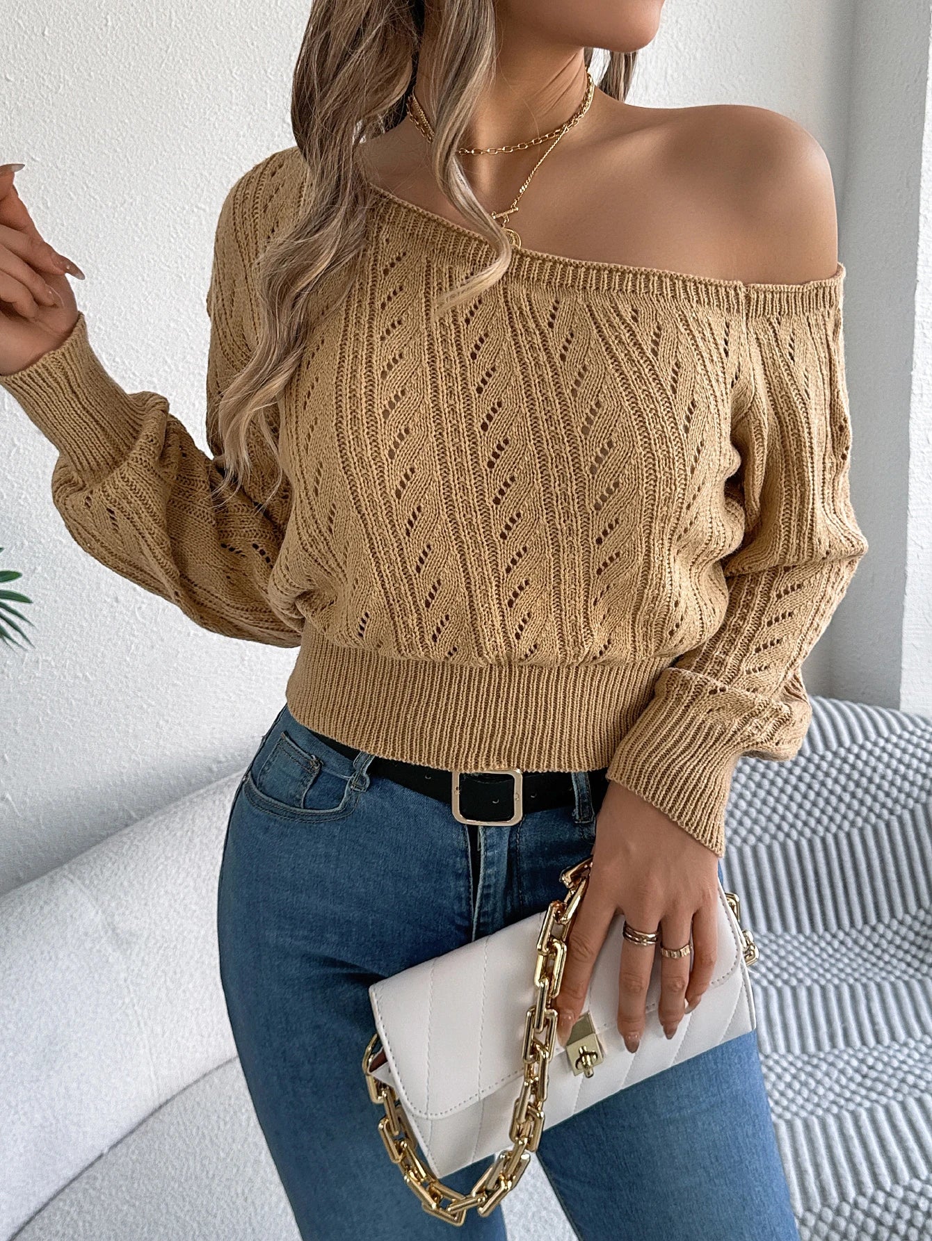 Women Off Shoulder Knitted Long Sleeve Pullover Sweater - Image 19