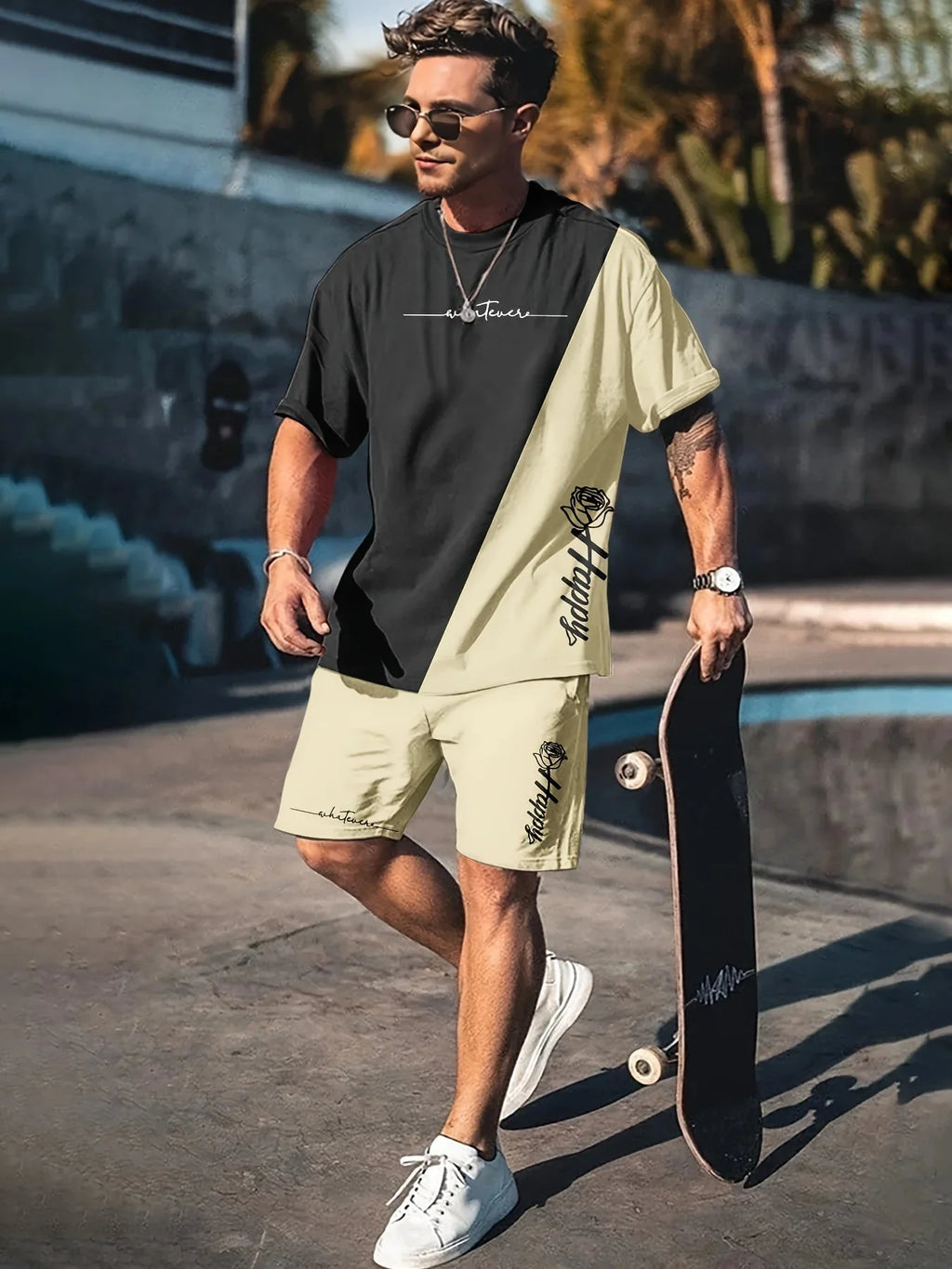 Model wearing a black and beige two-tone short-sleeve shirt and matching shorts with a graphic rose print detail.