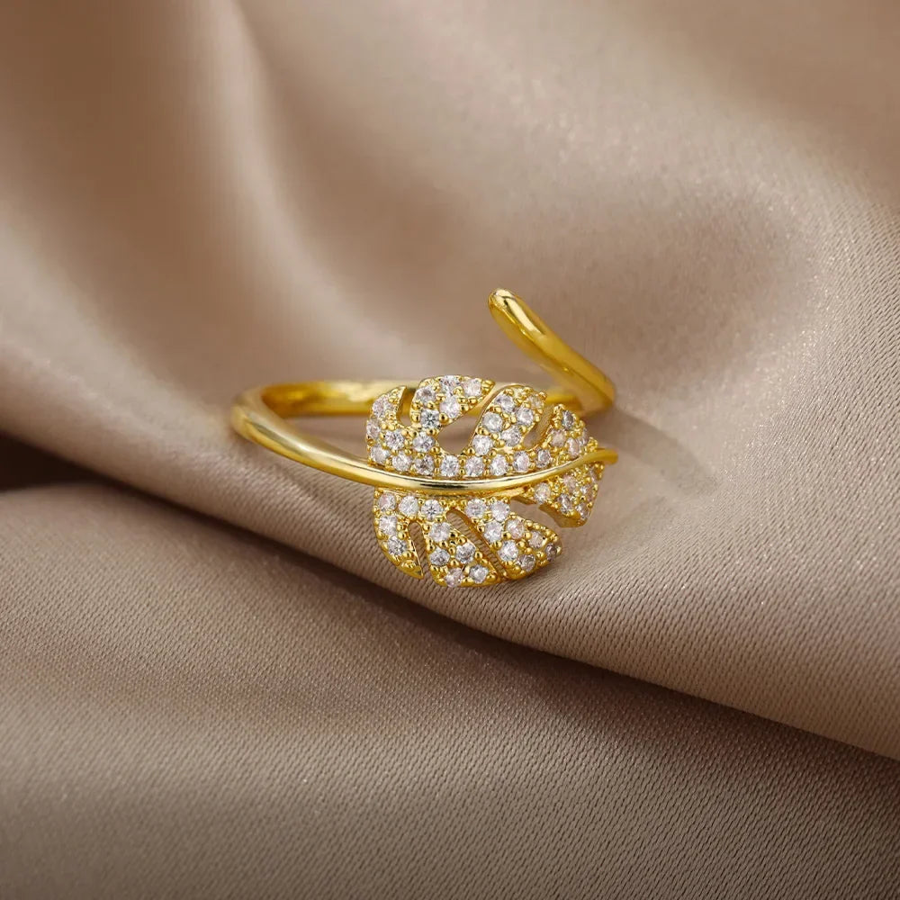 Fashion Palm Leaf Shape Open Rings For Women Gold Color Zircon Adjustable Finger Ring Girls Korean Party Jewelry Gift