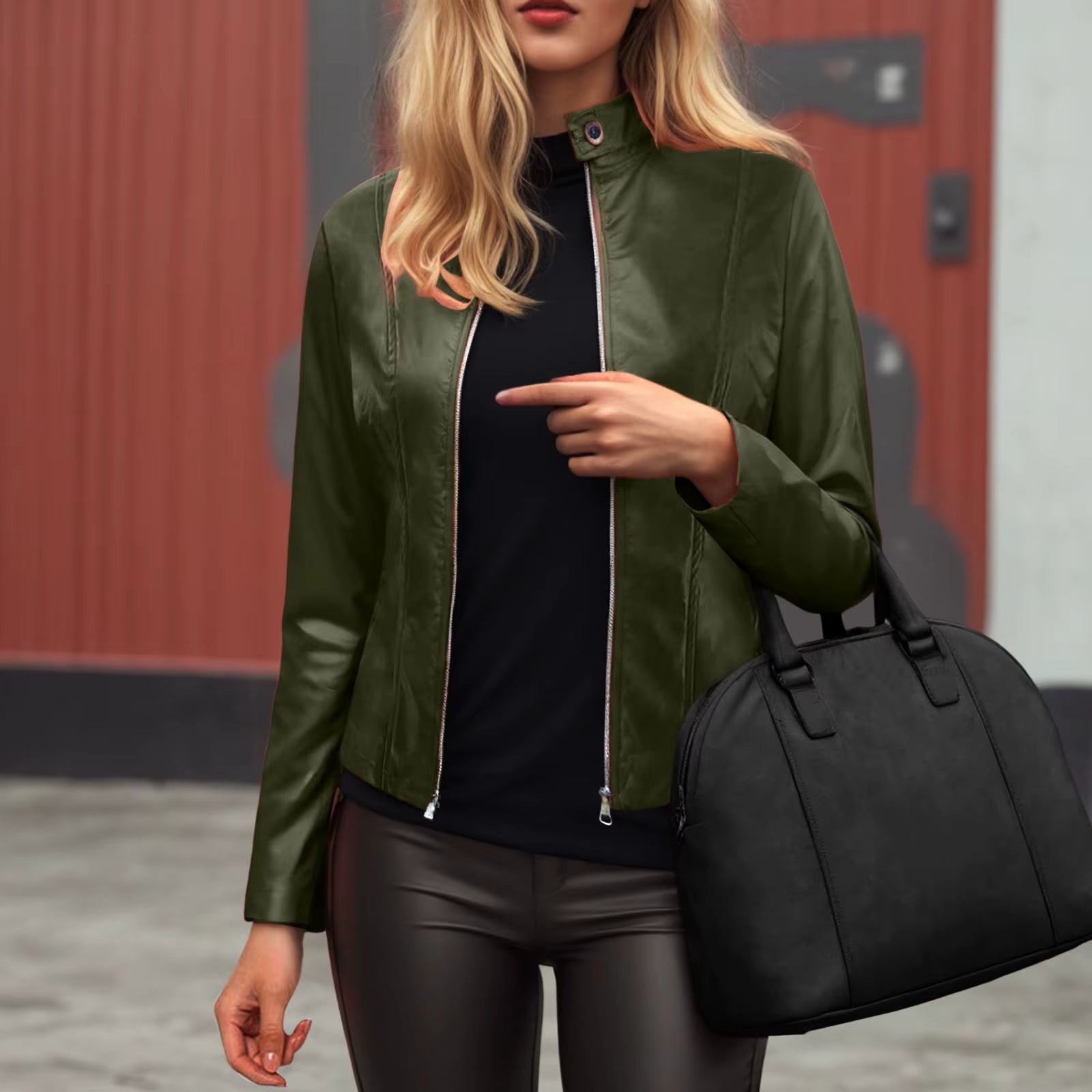 Women's Slim Fit Faux Leather Moto Jacket Biker Coat - Image 10