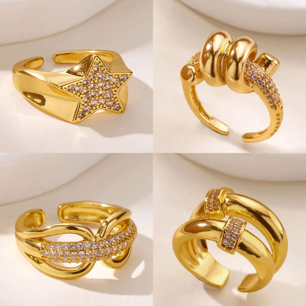 Zircon Star Knot Rings For Women Gold Color Stainless Steel Geometric Adjustable Finger Rings Wedding Couple Jewelry Gifts