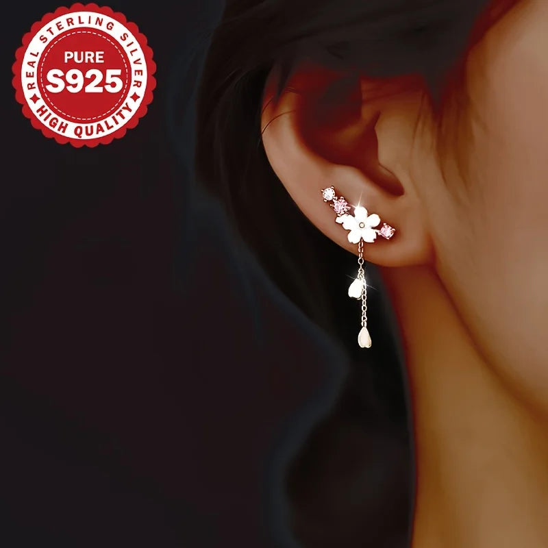 S925 Sterling Silver Sakura Tassel Earrings Cute Elegant Korean Style Versatile Classic Pendant Earring Allergy Free
