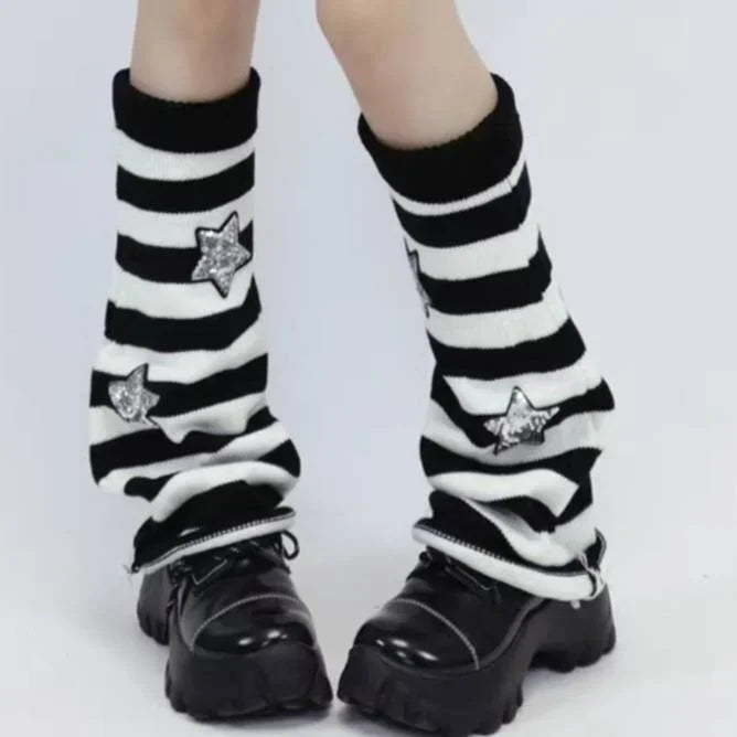Y2K Punk Knitted Leg Warmers Black White Heart Star Argyle Style - Image 4