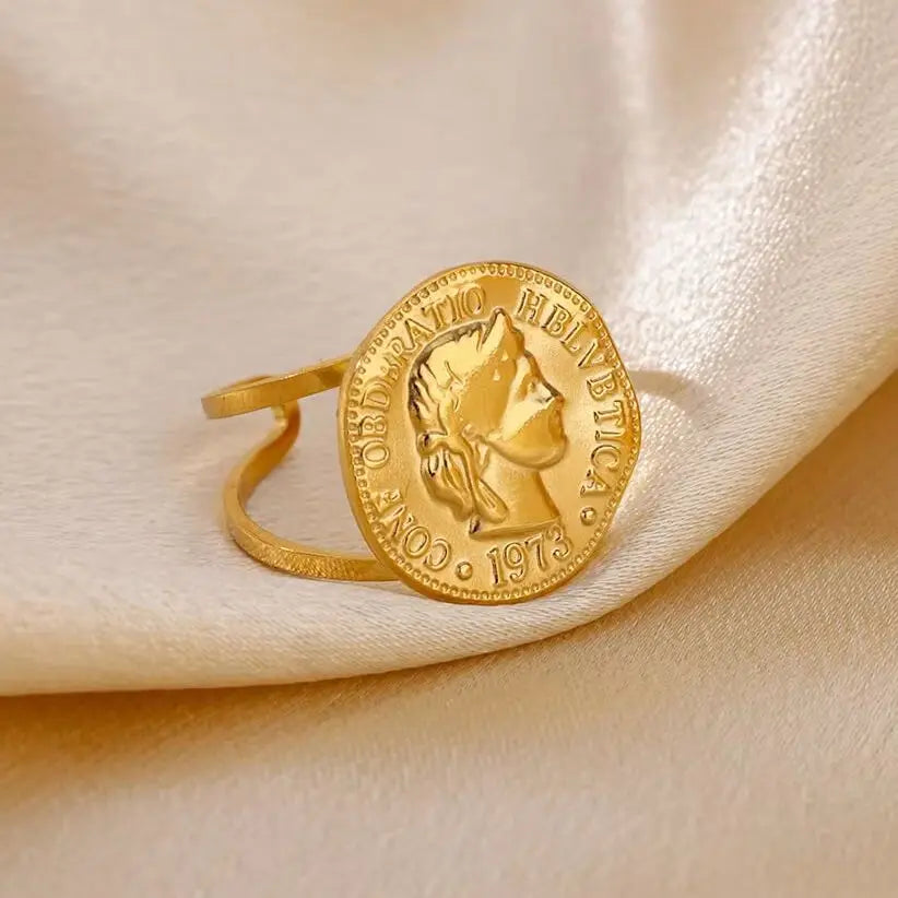 Stainless Steel Round Portrait Open Rings For Women Gold Color Adjustable Wedding Aesthetic Ring Party Fashion Jewerly Gift BFF