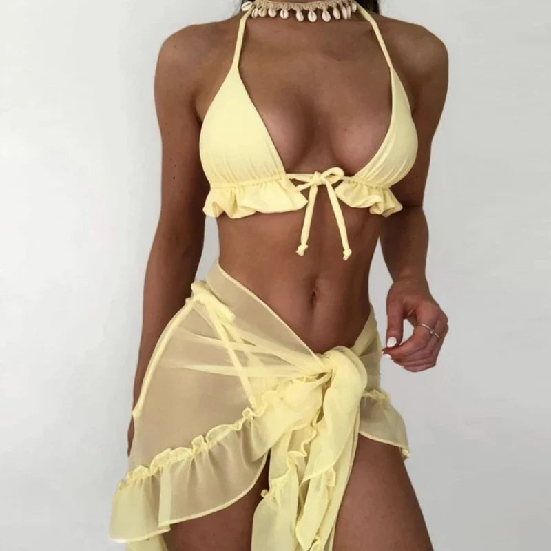 Women Halter Ruffle Three Piece Bikini Swimsuit Set - Image 4