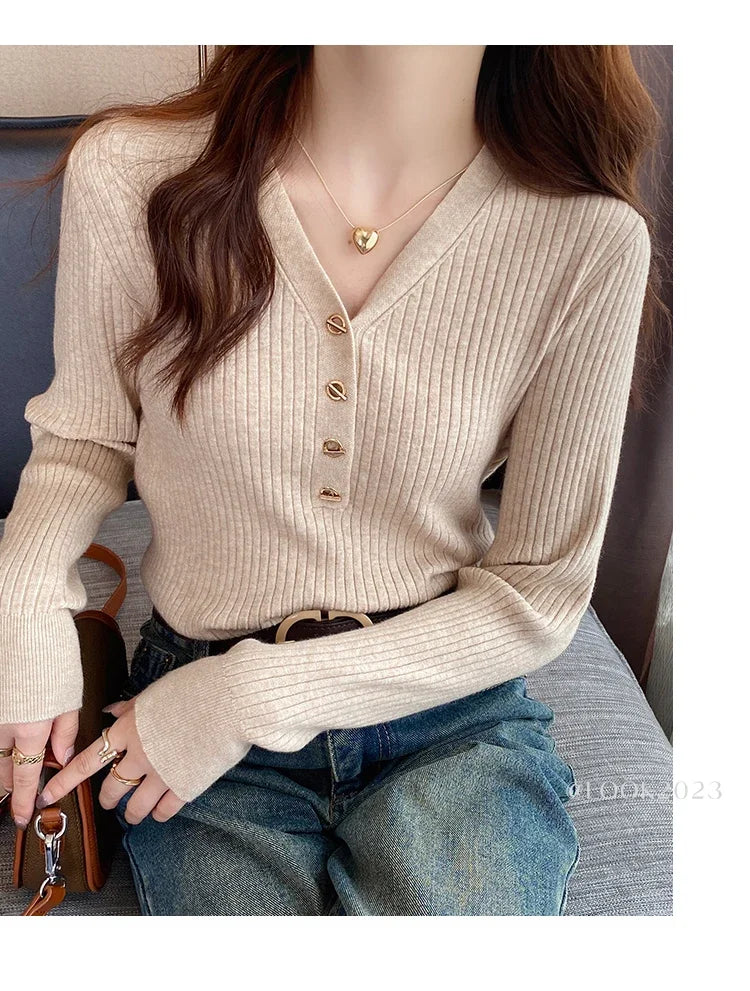 Women Beige Ribbed Button Down Long Sleeve Knitted Pullover Top - Image 23