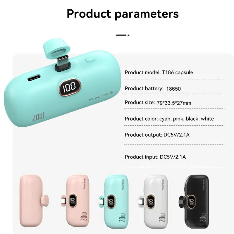 Mini Power Bank 2000/5000mAh Built Cable Portable Mobile Charger Fast Charger