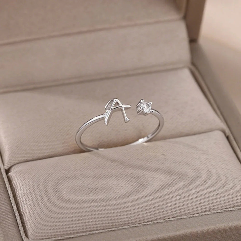 Zircon Tiny Initial Letter Rings For Women Stainless Steel A-Z Letters Adjustable Ring Female Christmas Aesthetic Jewelry Gift