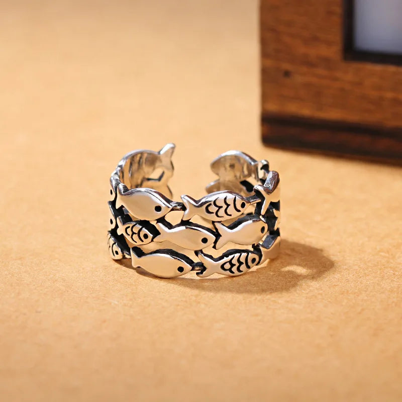 925 Sterling Silver Three Layers Fish Adjustable Rings For Women Engagement Wedding Vintage Jewelry Accessories Jewellery