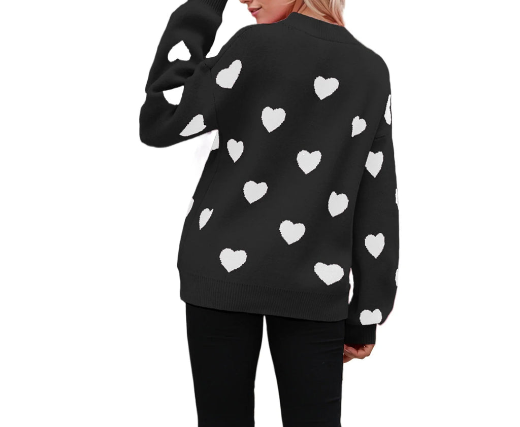 Women's Beige Red Heart Print Crew Neck Knit Pullover Sweater - Image 4