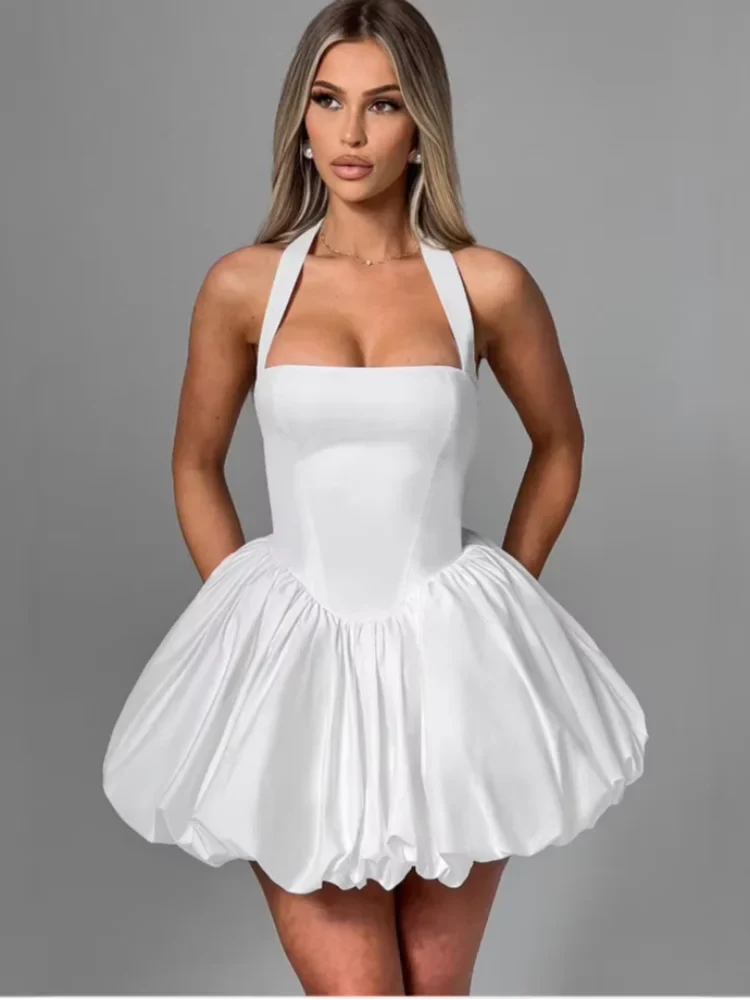 Women’s Pink Corset Puffball Hem Mini Dress Flirty Halter Style - Image 7