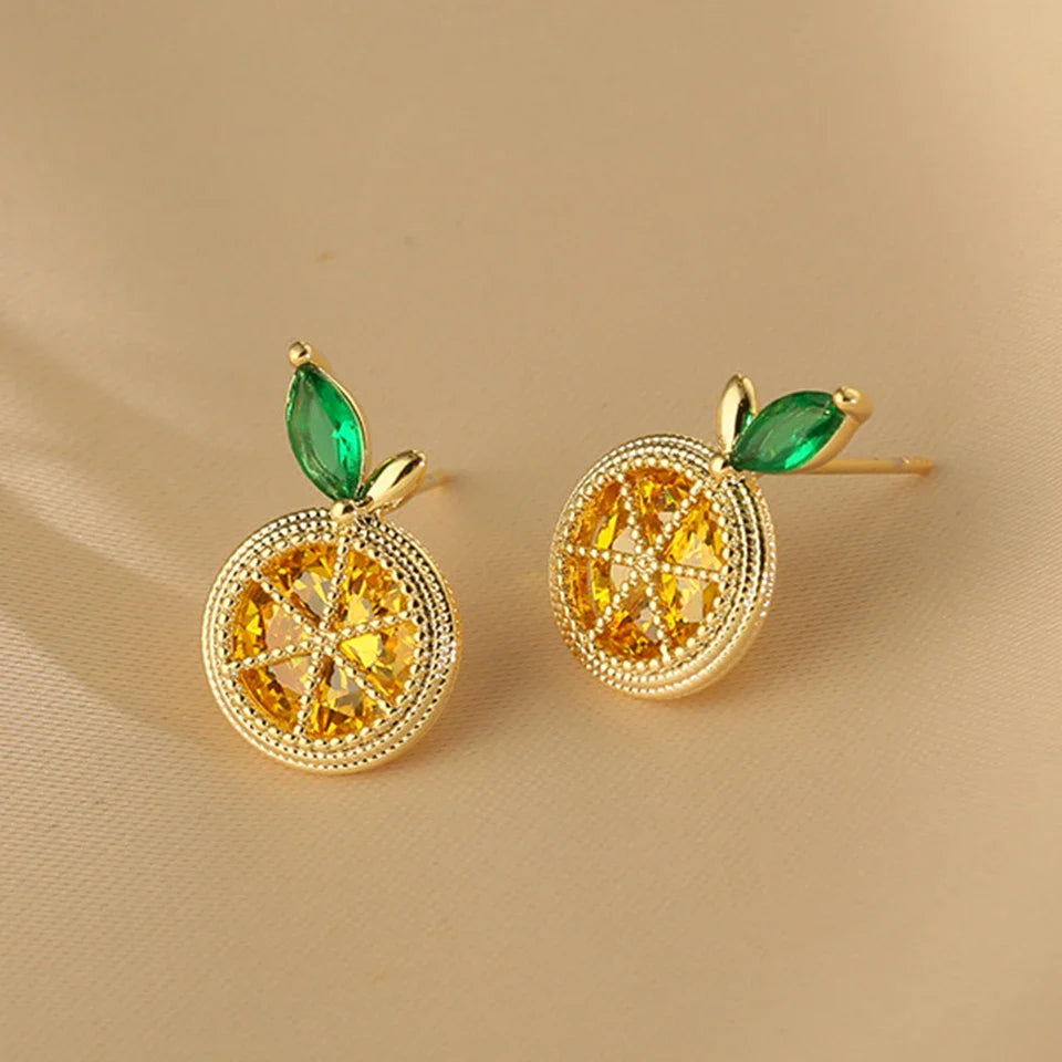 Yupsk Korean Cute Orange Lemon Fruit Stud Earrings for Women Girls Delicate Yellow Cubic Zirconia Fashion Daily Ear Accessories