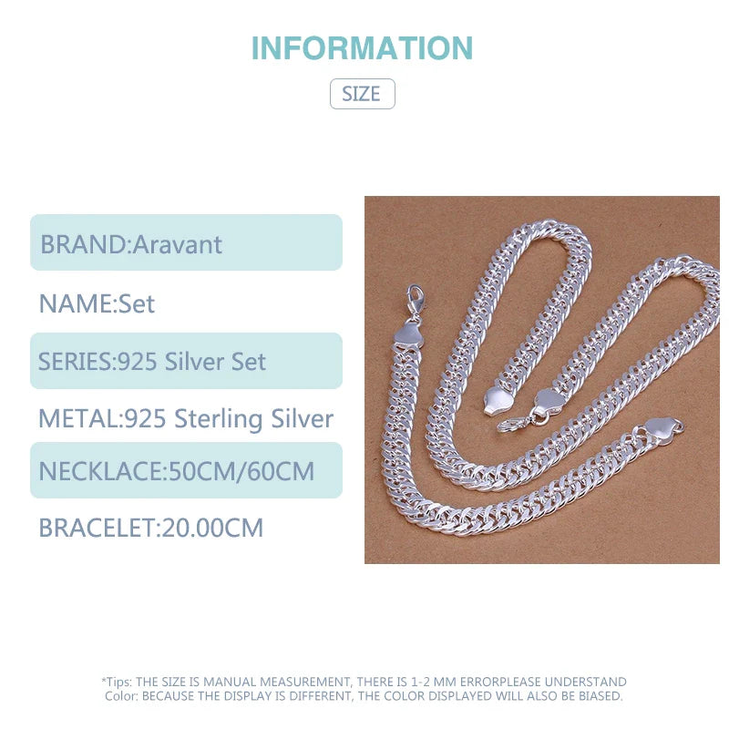 Aravant 925 Sterling Silver 6MM 7MM 10MM Chain Necklace Bracelet Set For Men Women Fashion Wedding Jewelry