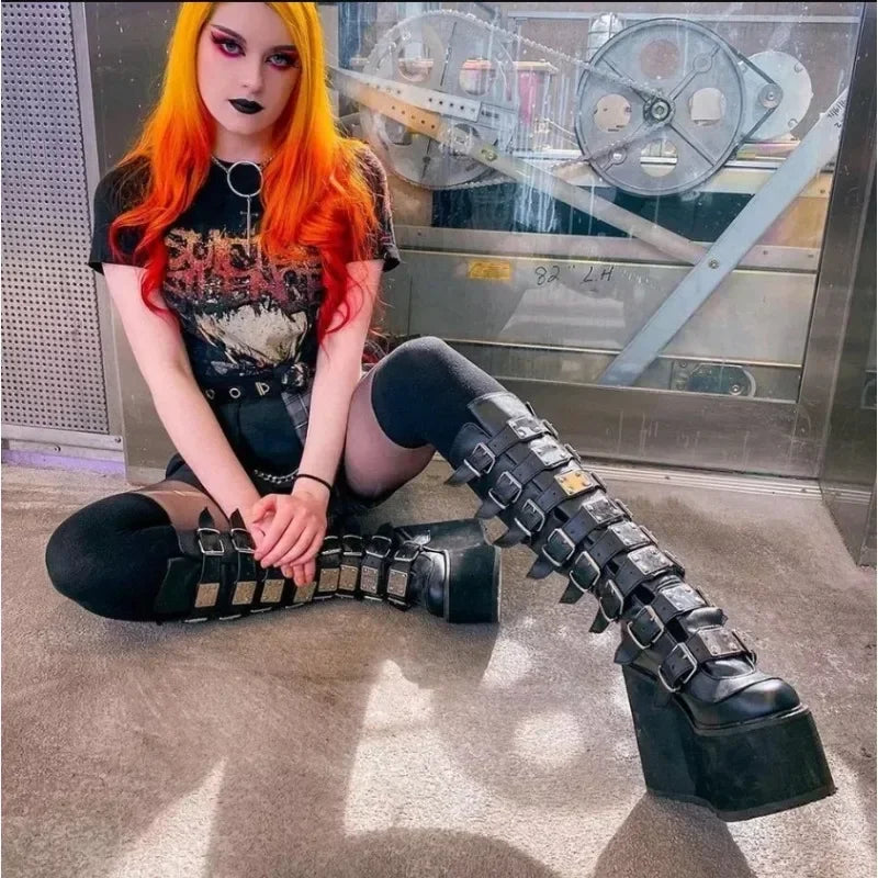 Women's Gothic Platform Wedge Boots with Multi-Buckle Details - Image 5