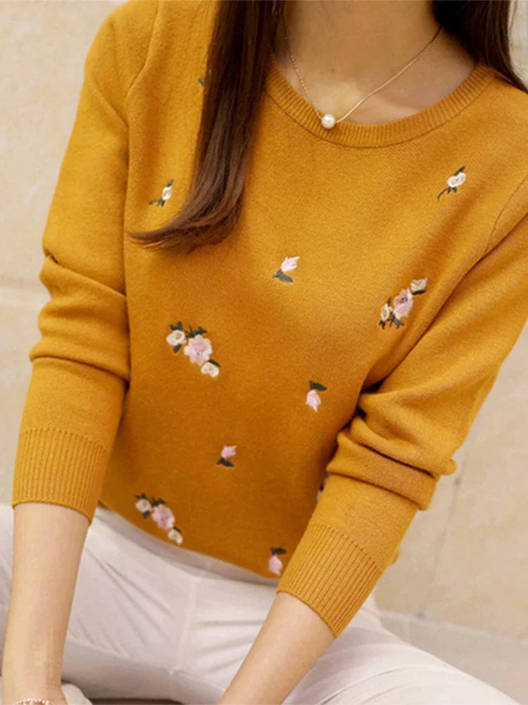 Women Floral Embroidered Knit Sweater Long Sleeve Pullover - Image 16