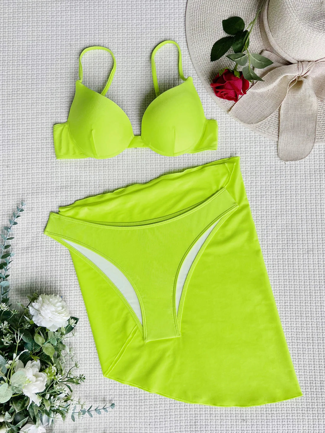 Women Solid Push Up Underwire Three Piece Bikini Swimwear Set - Image 3