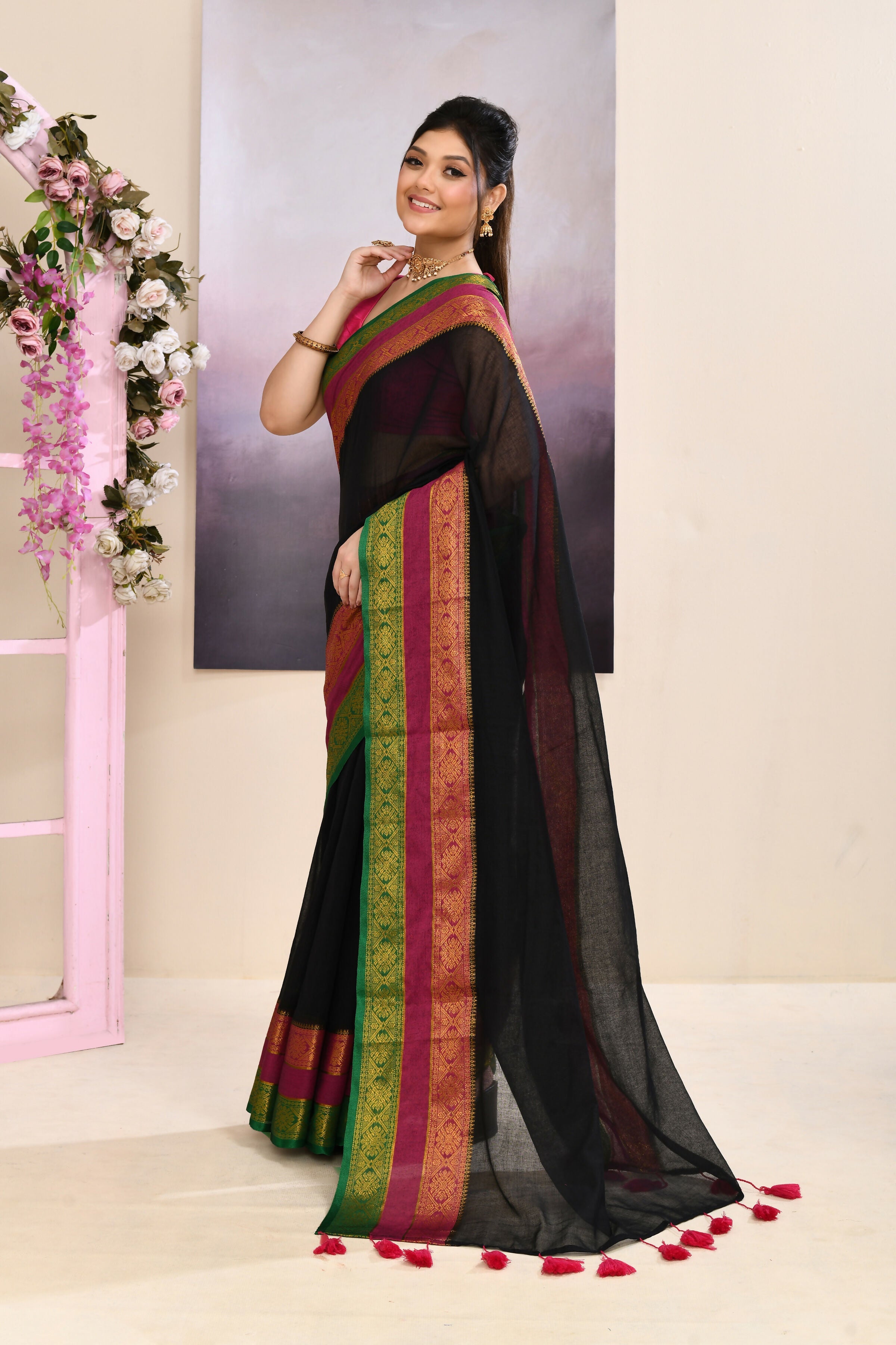 Black Embellished Zari Border Cotton Saree