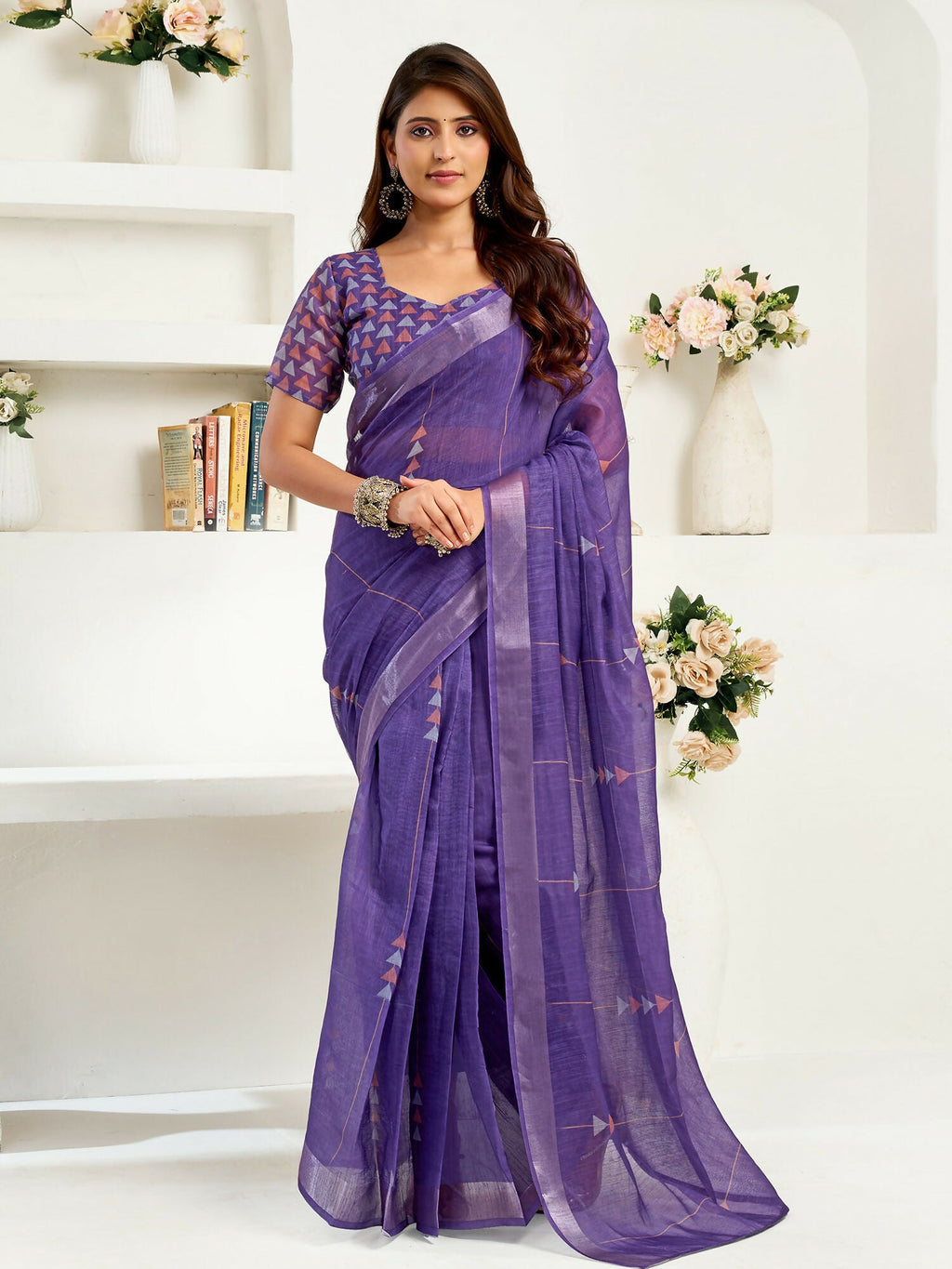Purple Geometric Linen Ready-to-Wear Saree with Unstitched Blouse