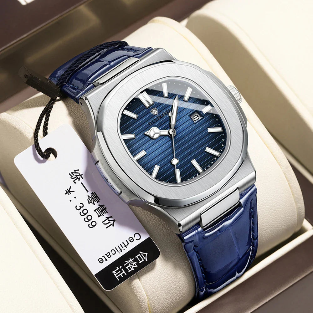 Casual Business New Blue Leather Man Clock Men Luxury Watch Automatic Watches Mens Fashion Quartz Wristwatches Montre Homme 2026