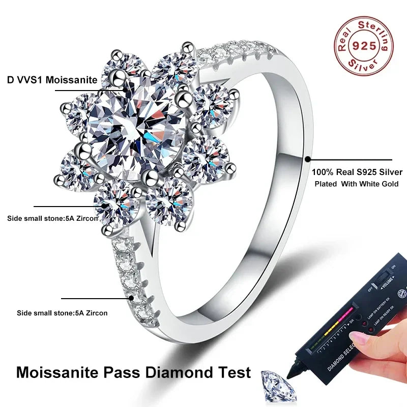 NeeTim 1ct 2ct Moissanite Eternity Ring 925 Sterling Silver with Gold Plated Wedding Flower Lab Diamond Rings For Women Jewelry