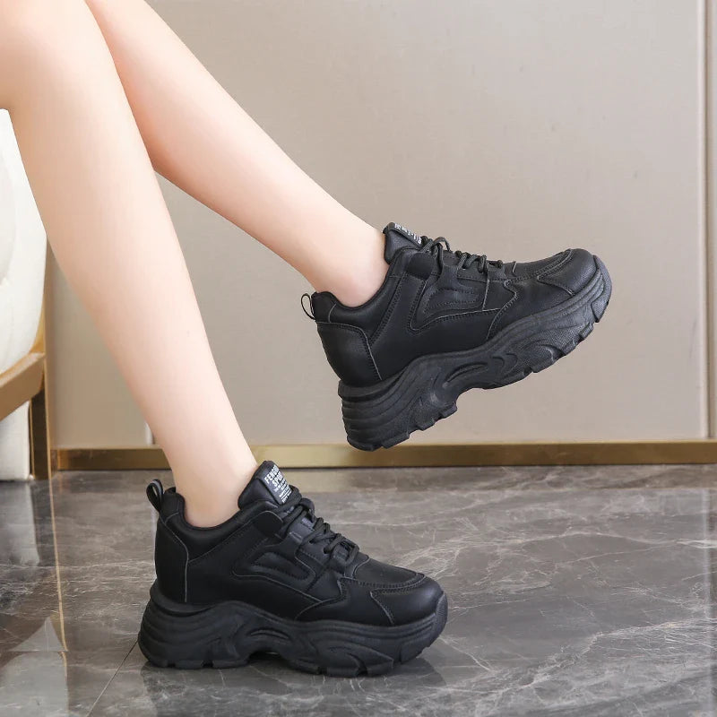 Chunky Platform Lace-Up Sneakers for Women - White & Black - Image 7