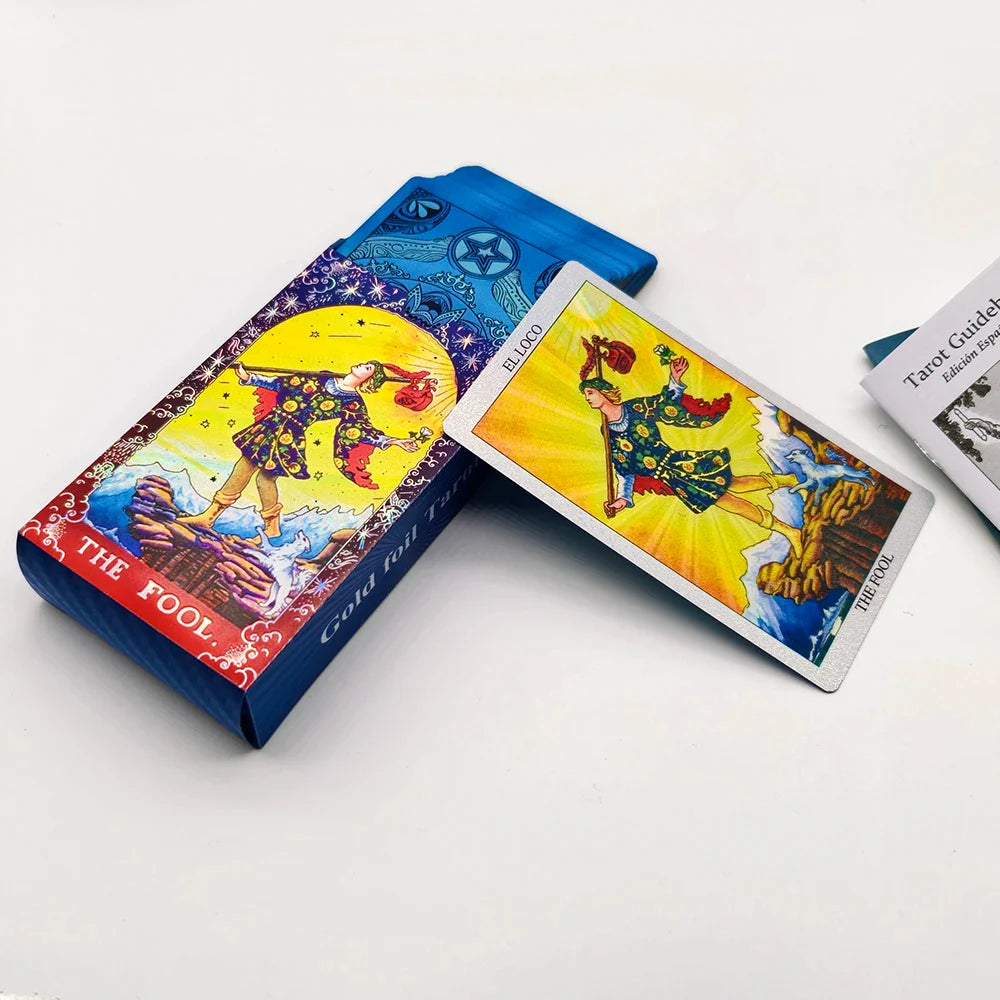 Spanish Tarot Laser Gold Foil Divination Cards for Beginners 12x7cm Fortune Telling Deck with Bilanguage Guide Book