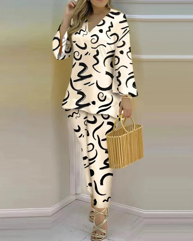 Women Printed V-Neck Long Sleeve Top and Pant Two Piece Set - Image 8