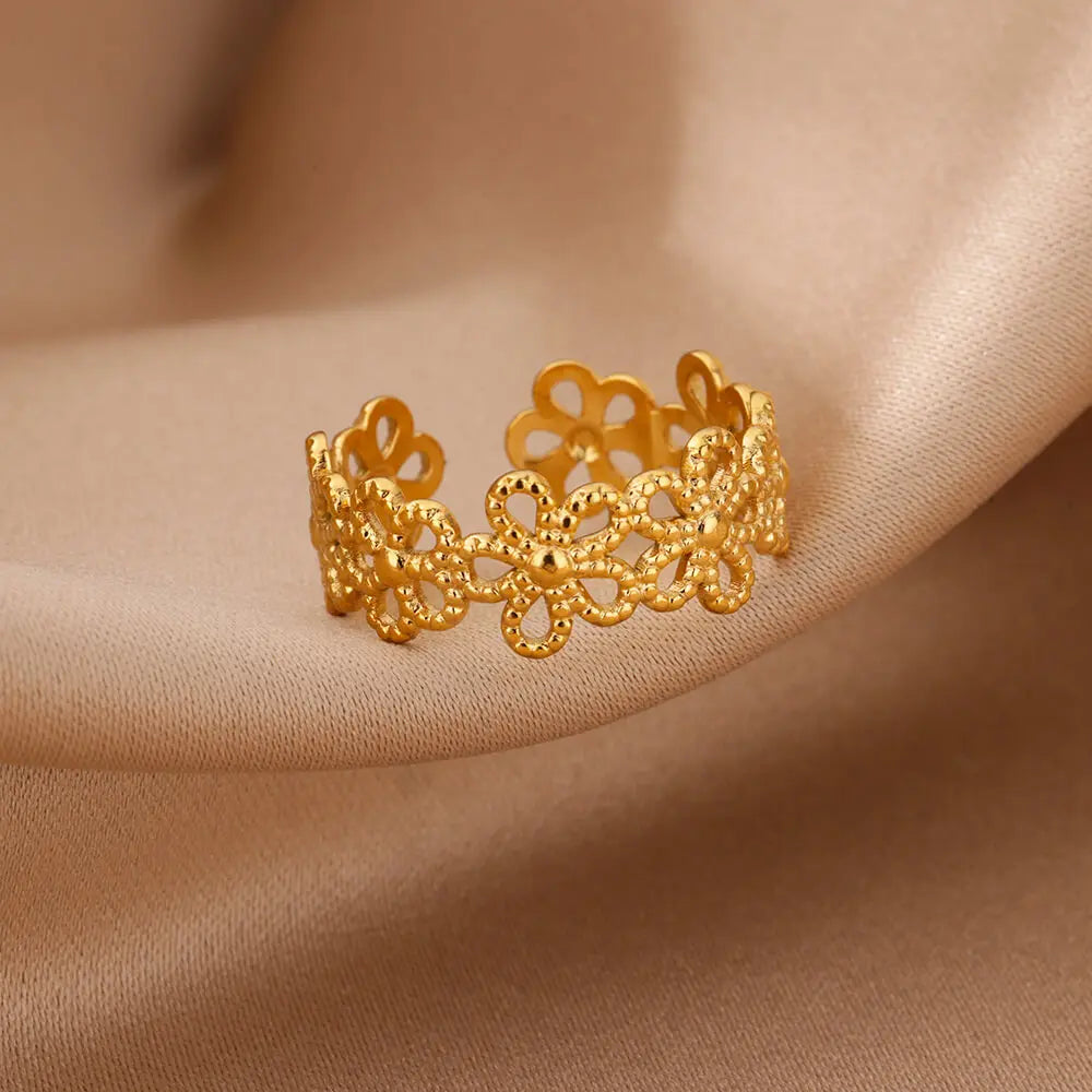 Hollow Flower Rings For Women Gold Color Stainless Steel Adjustable Multi-layer Flower Ring Wedding Aesthetic  Jewelry Gift