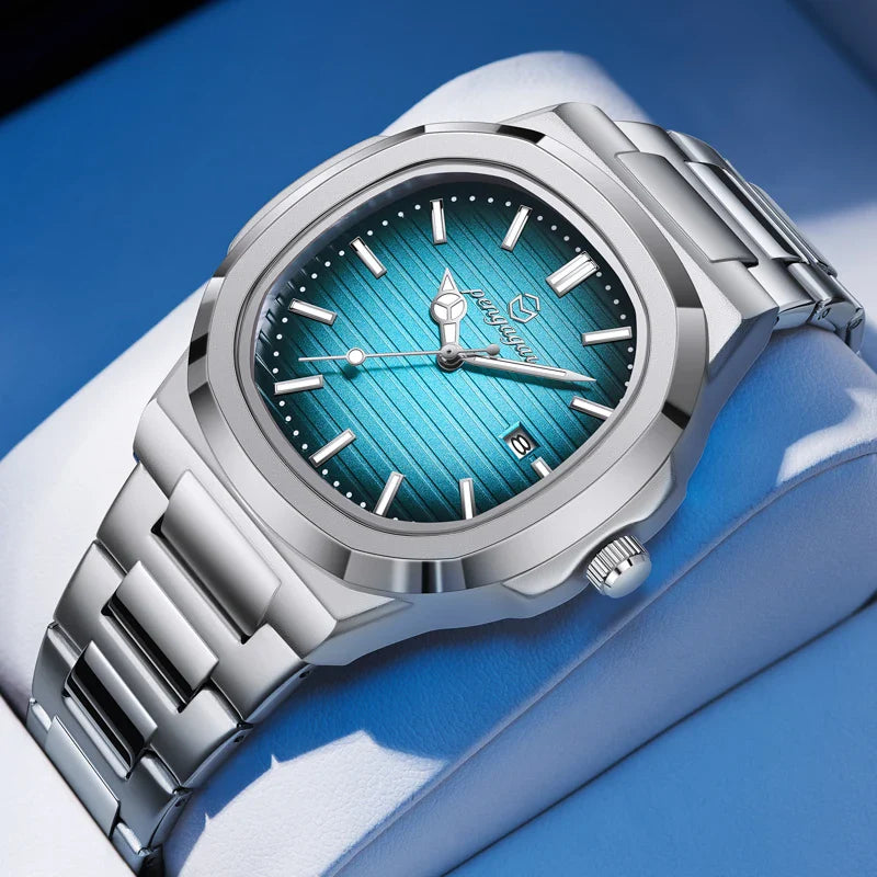 Military Square Quartz Crystal Face Watch with Luminous Dial and Date Display