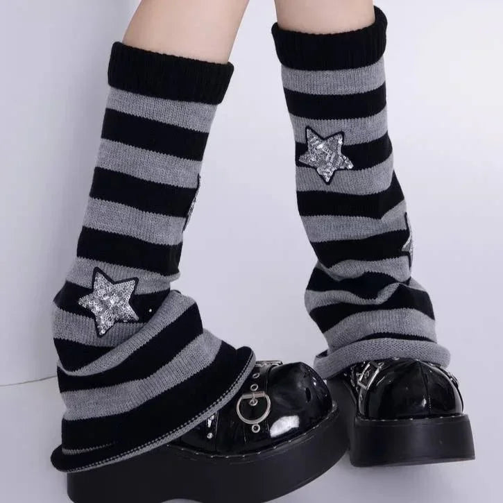 Y2K Punk Knitted Leg Warmers Black White Heart Star Argyle Style - Image 3