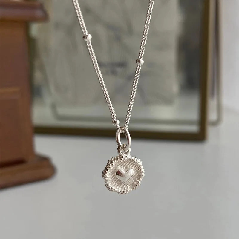 VENTFILLE 925 Sterling Love Heart Texture Bead Necklace for Women Girl Stereoscopic Design Double Sided Jewelry Gift Wholesale
