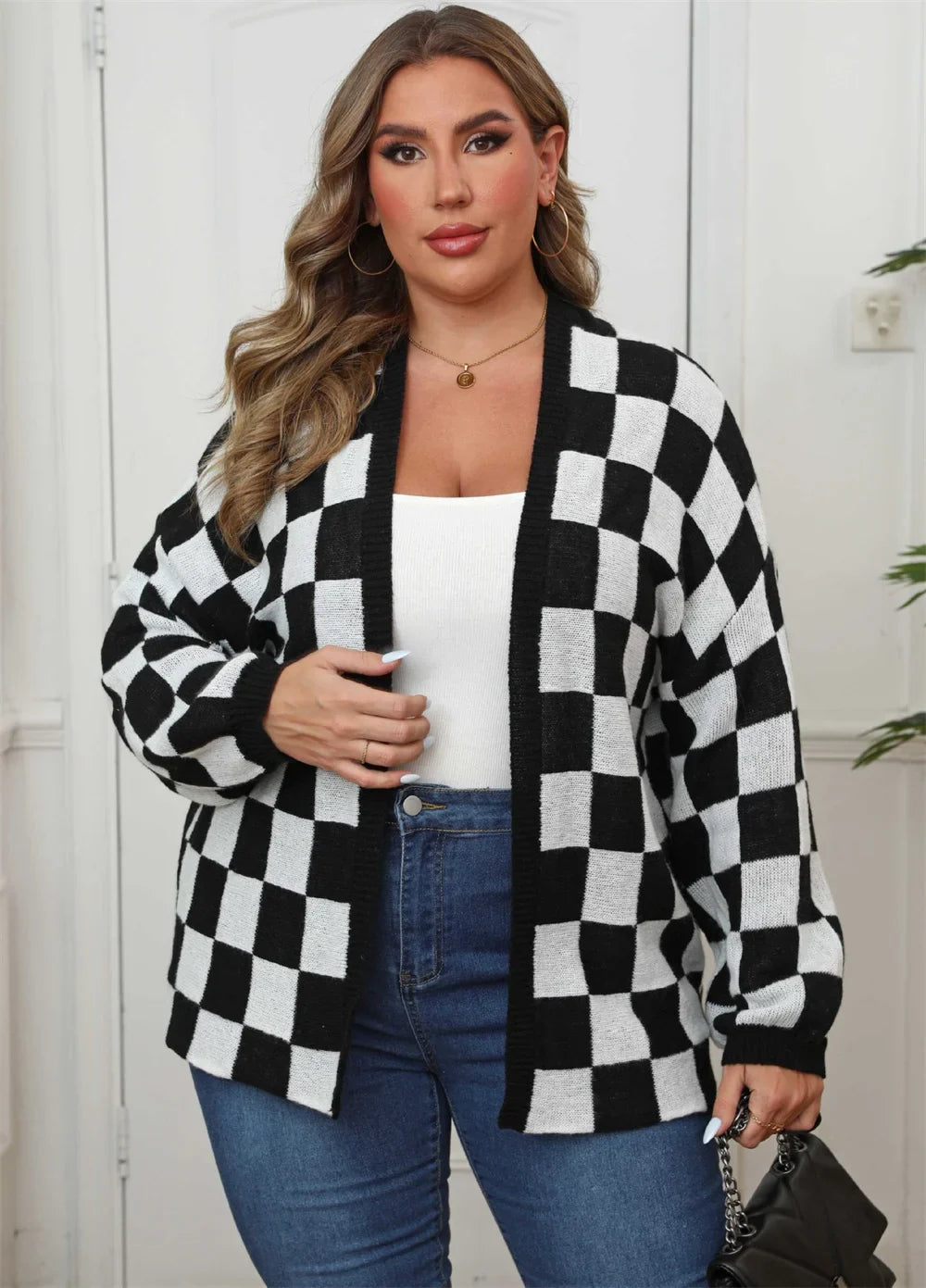 Plus Size Plaid Open Front Knitted Cardigan