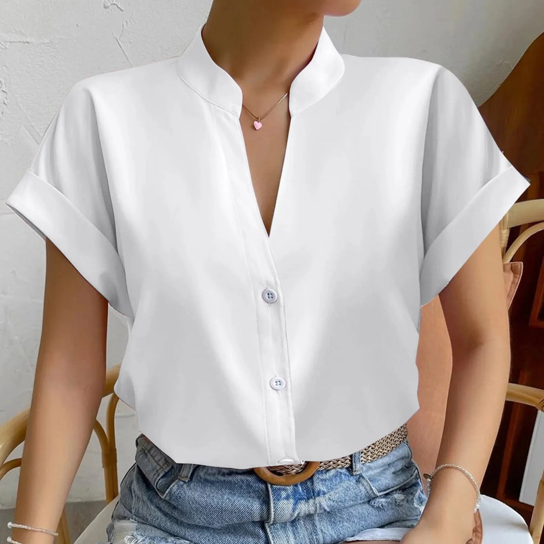 Women's Satin V-Neck Short Sleeve Blouse Elegant Casual Shirt - Image 6