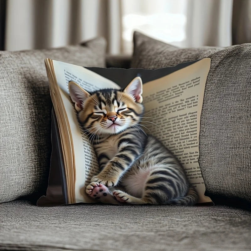 VIKAMA Creative Sleeping Cat Fashion Design Printed Pillowcase, Machine Washable, Indoor Sofa Home Cushion Pillowcase