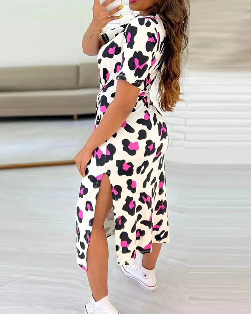 Women's Leopard Print Midi Dress with Side Slit and Tie Waist - Image 15