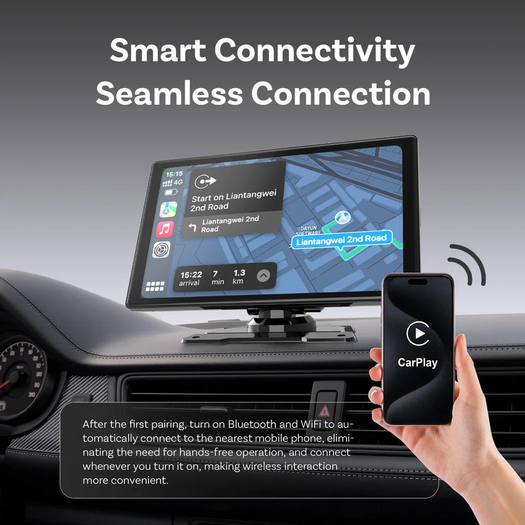 9 Inch Portable Wireless CarPlay Screen, Apple CarPlay and Android Auto Touch Display