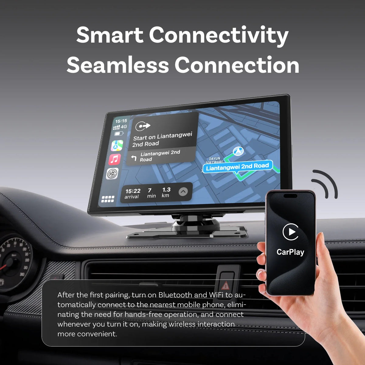 9 Inch Portable Wireless CarPlay Screen, Apple CarPlay and Android Auto Touch Display