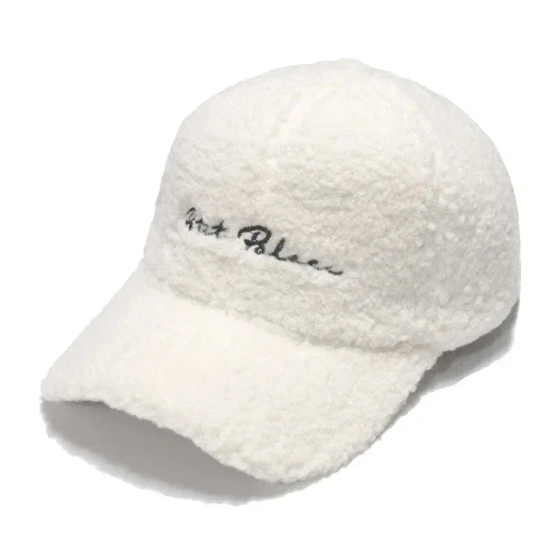 Lamb Wool Baseball Cap — Korean Style Plush Winter Sun Hat for Women