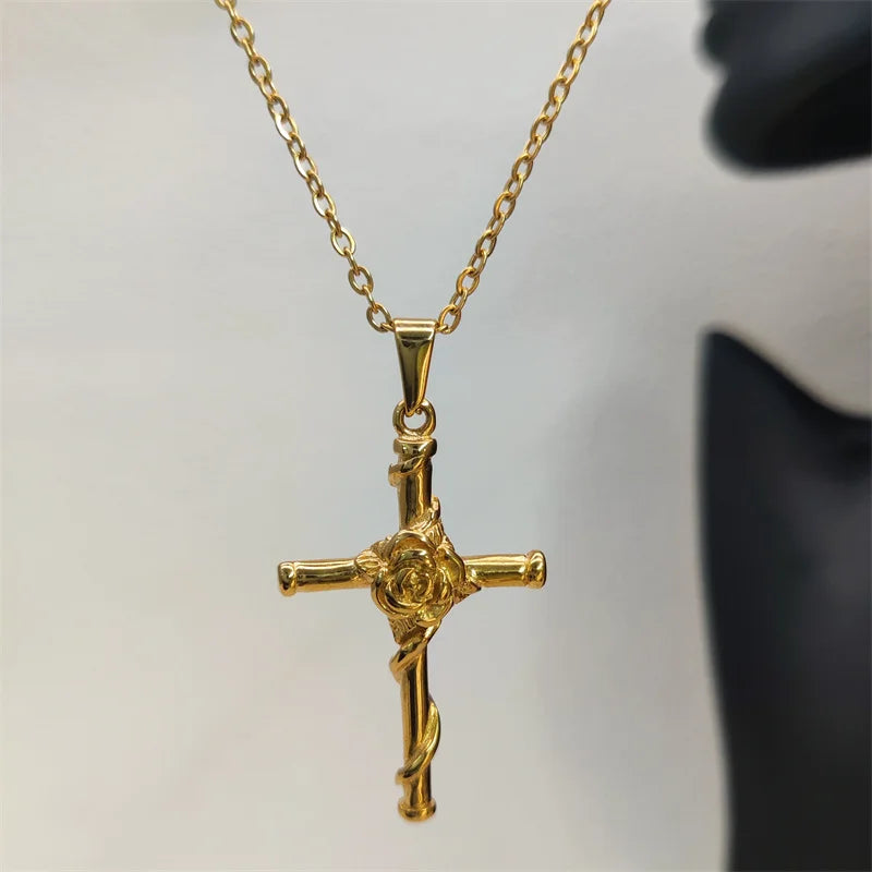 Waterproof Vintage 18k Gold Plated Stainless Steel Charm Rose Cross Pendant Necklace For Men Women Jewelry Gift
