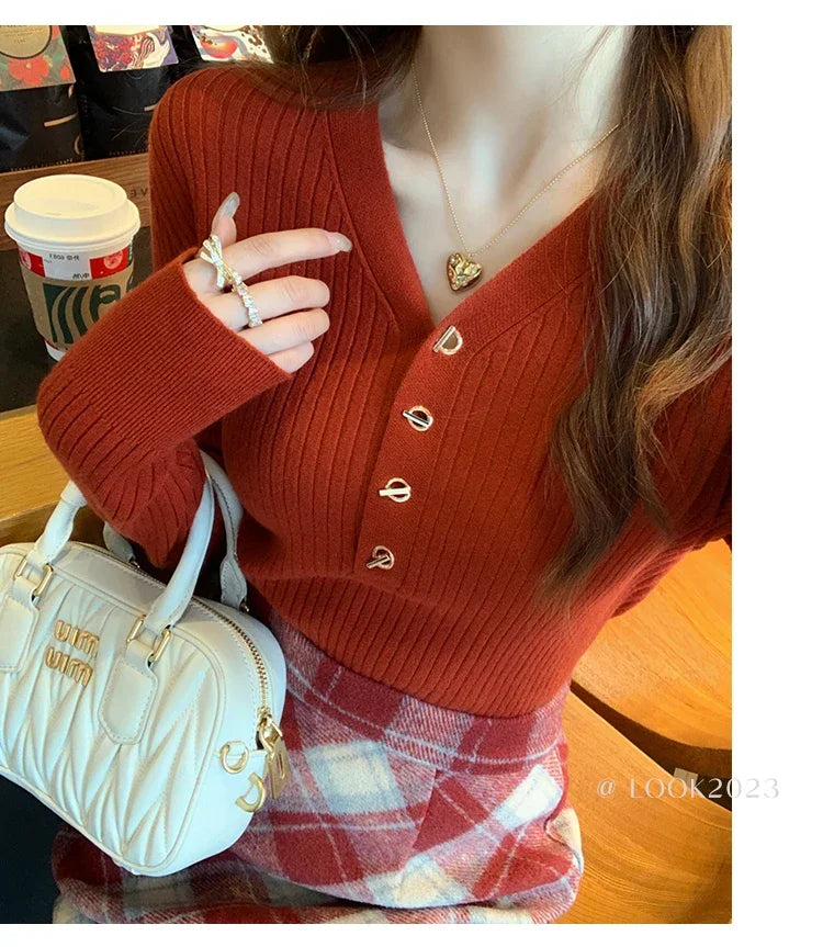 Women Beige Ribbed Button Down Long Sleeve Knitted Pullover Top - Image 10