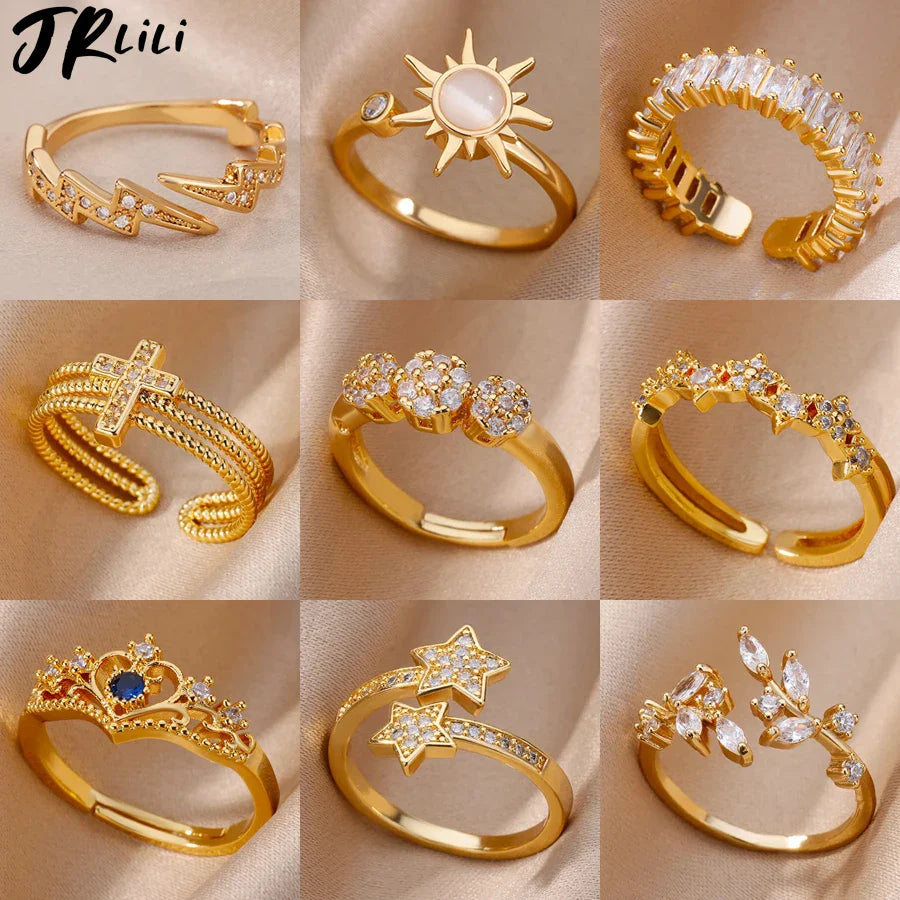 Zircon Flower Shaped Rings For Women Stainless Steel Open Ring Fashion Korean New Wedding Jewerly Gift