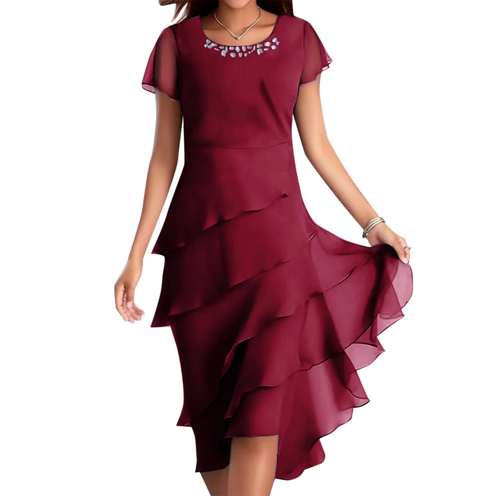 Women's Round Neck Chiffon Layered Midi Dress in Dusty Blue - Image 11
