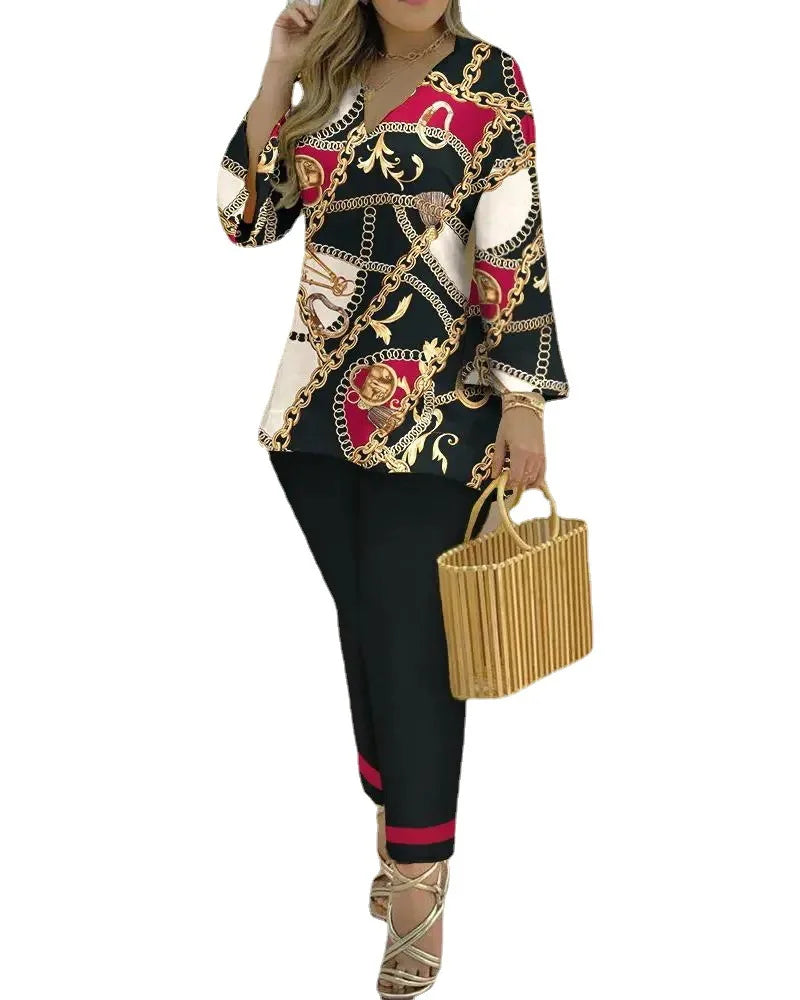 Women Printed V-Neck Long Sleeve Top and Pant Two Piece Set - Image 2