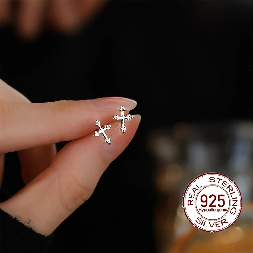 New S925 Sterling Silver Cross Earrings Fashionable Minimalist Design Hypoallergenic for Daily Wear Vacation Valentine's Day