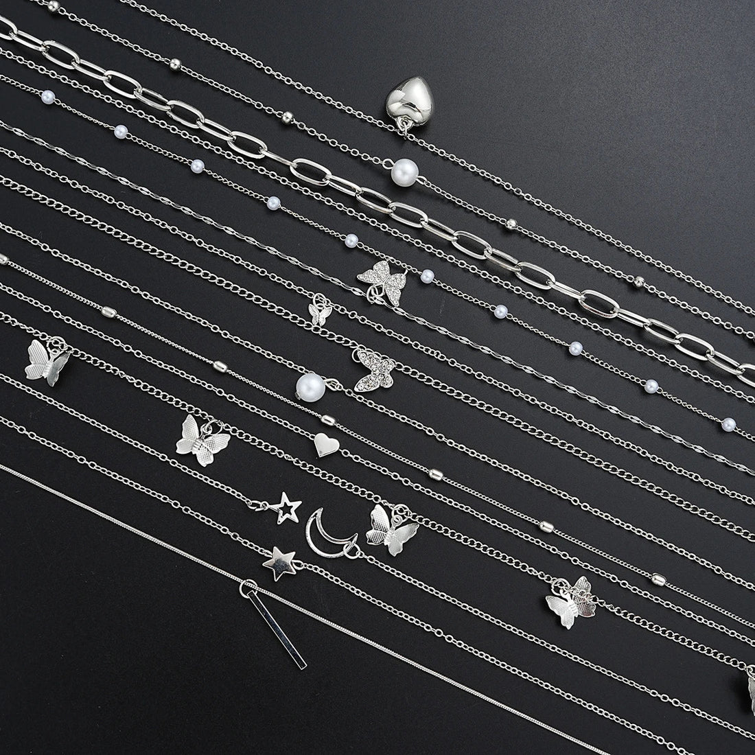 13Pcs/Set Simple Temperament Necklace Set Butterfly Pearl Heart Star Zircon Silver Color Necklace for Women Fashion Jewelry Gift
