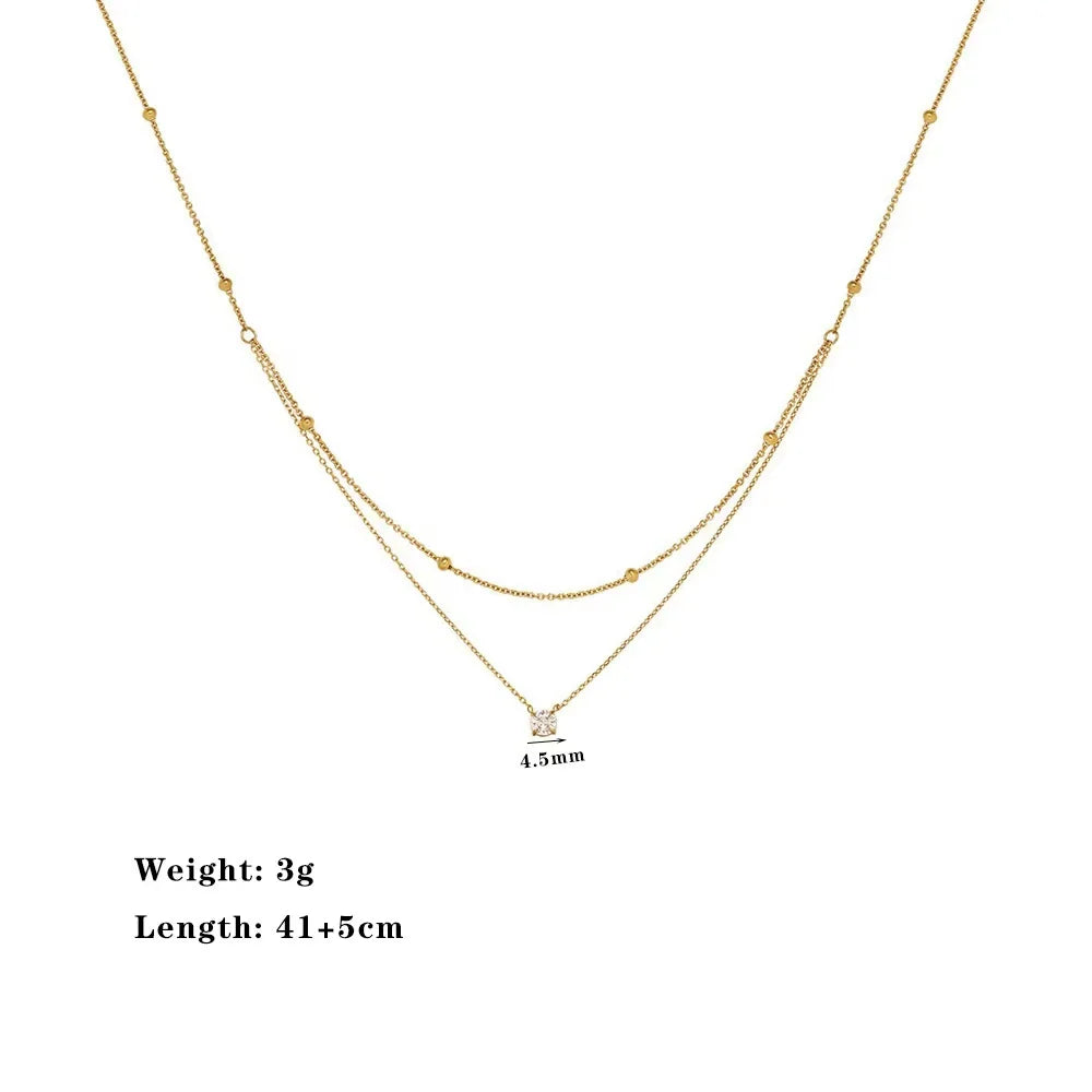 Stainless Steel Light Luxury Charm White Round Zircon Pendant Double layer Necklace Lady Classic Neck Chain Jewelry