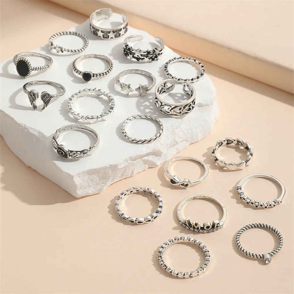 19 PCS Retro Punk Finger Ring Set For Women Vintage Heart Wing Star Gothic Ring Female Fashion Jewelry Accessories