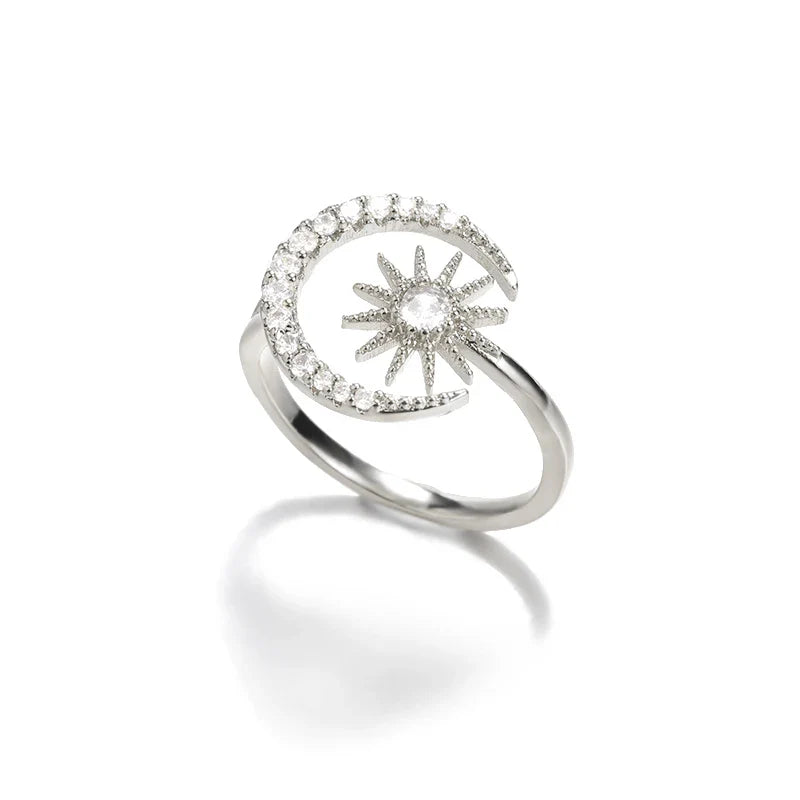 Zircon Star Moon Rings For Women Gold Color Stainless Steel Geometric Star Moon Ring Engagement Wedding Christmas Jewelry Gift