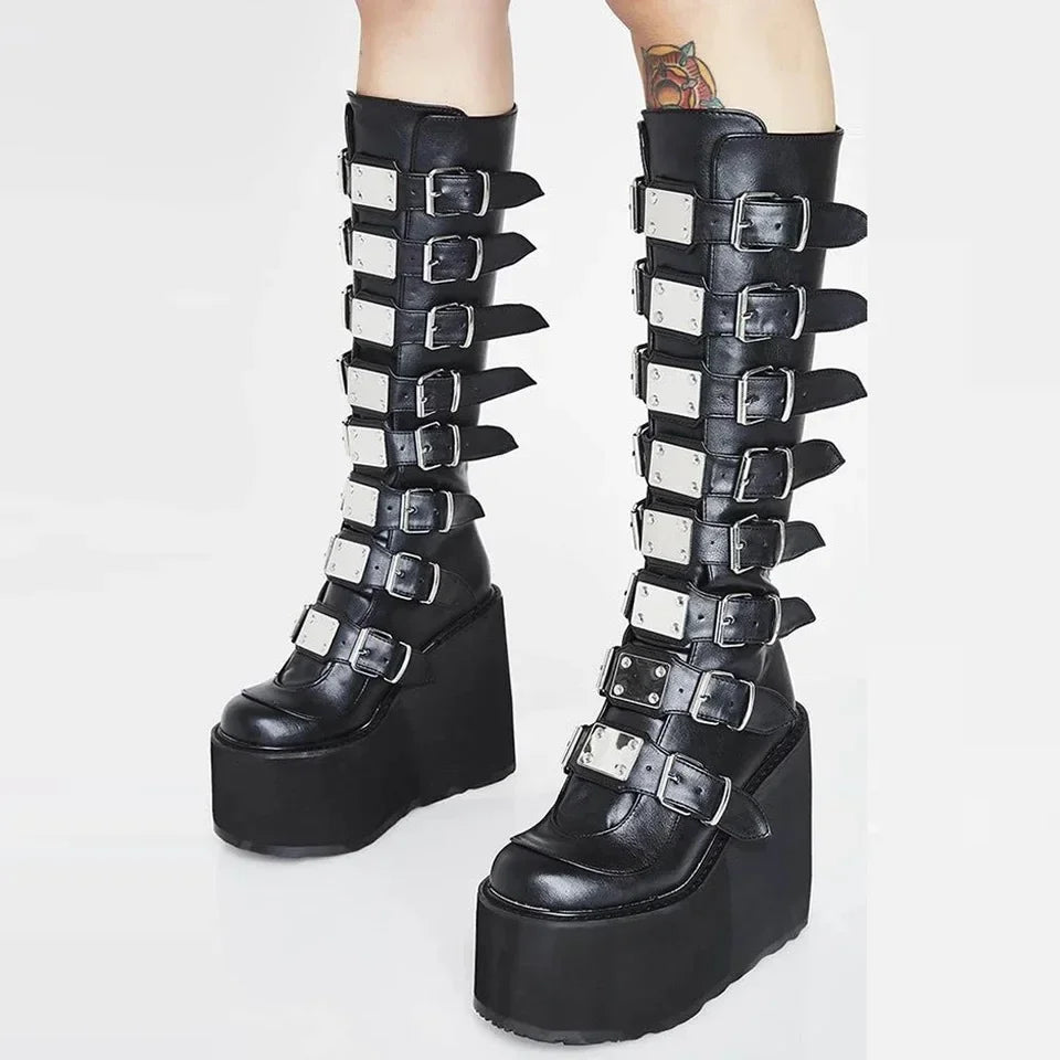 Women's Gothic Platform Wedge Boots with Multi-Buckle Details - Image 2